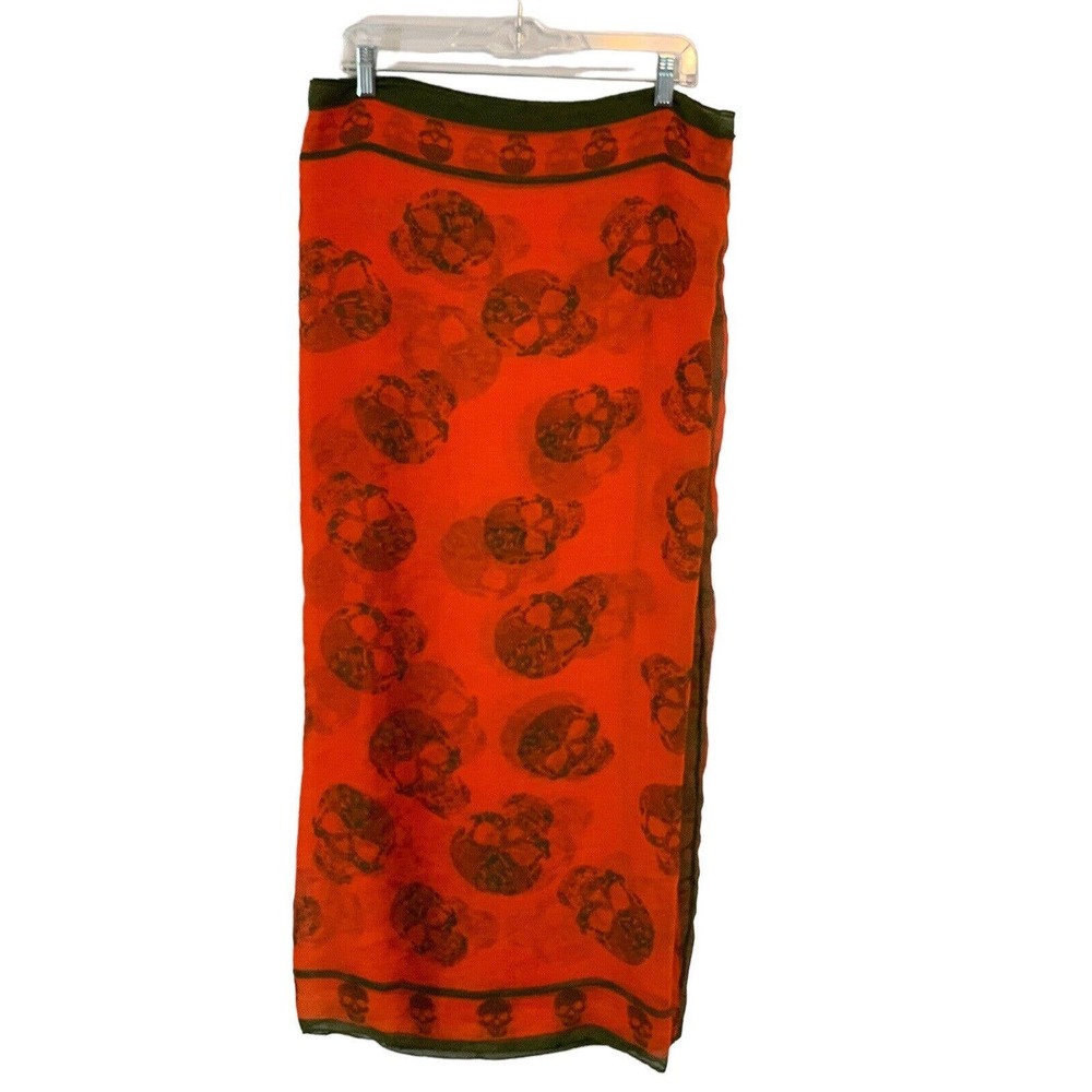 Natasha Women's Orange Green All Over Skull Pattern Infinity Scarf 35.5 X 37.5 - Picture 3 of 8